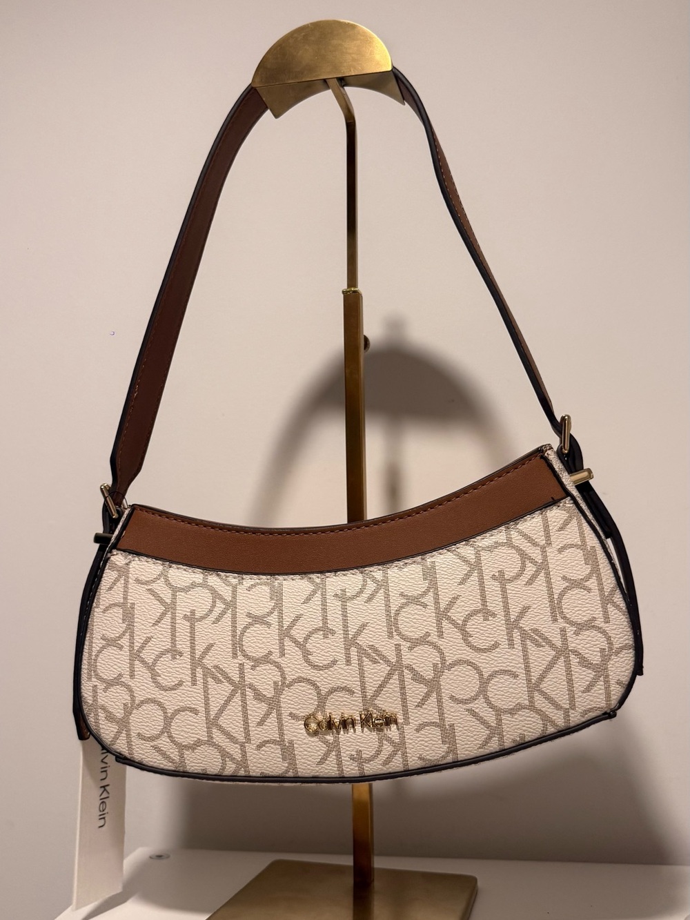 Calvin Klein Cream Monogram Crescent Shoulder Bag with Brown Trim